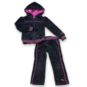 Puma Velour Tracksuit Set Girls Size 4T Black Pink Zip Up Hoodie Matching Pants